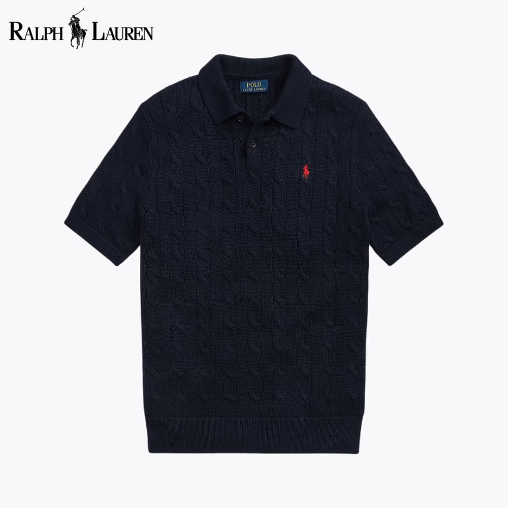 RL Camisola de Algodão de Malha Entrançada com Gola Polo