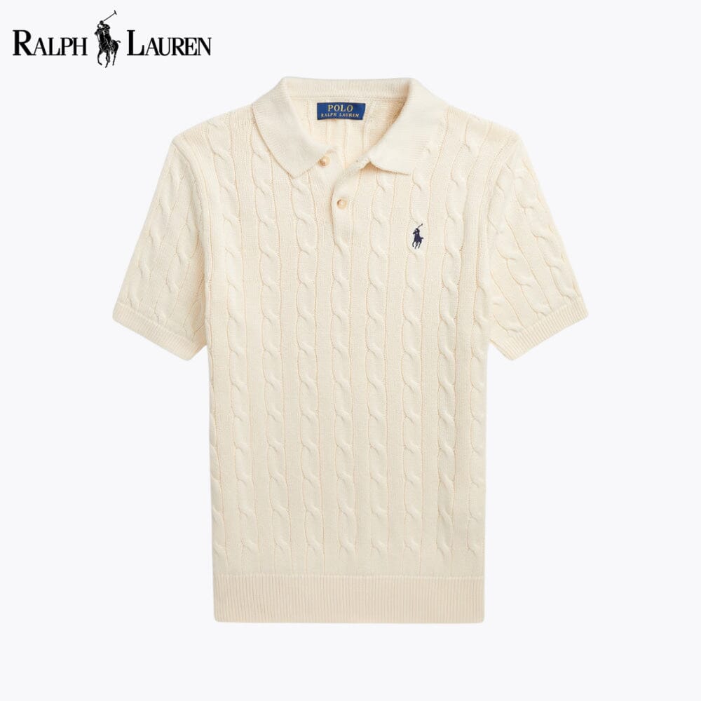 RL Camisola de Algodão de Malha Entrançada com Gola Polo